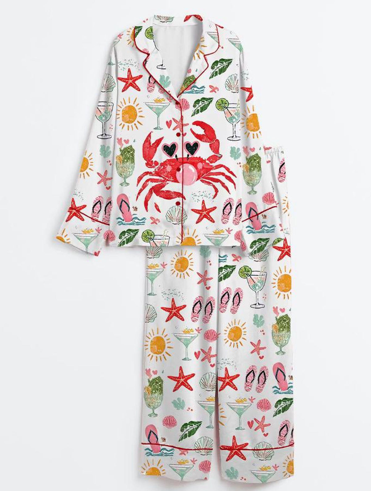 Coastal Nautical Beach Satin Pajama Set for Women - Summer Ocean Print Sleepwear Gift