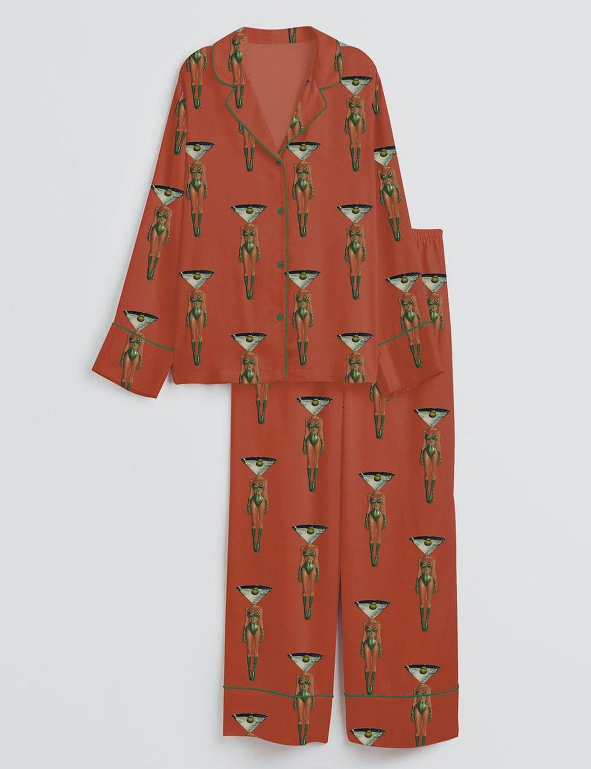 Vintage Cocktail Lover Women’s Dirty Martini Print Satin Pajama Set - Short Sleeve Sleepwear