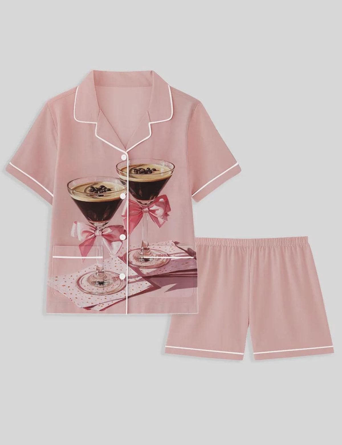 Women s Espresso Martini Print Cotton Pajama Set - Pink Bow Coffee Theme Sleepwear with Pockets