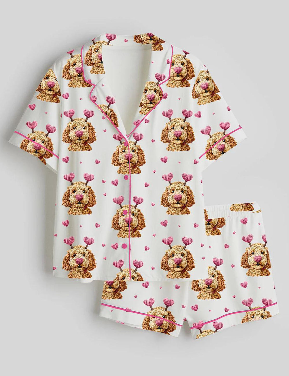 Women s Goldendoodle Valentine Satin Pajama Set - Cute Dog Heart Print Sleepwear