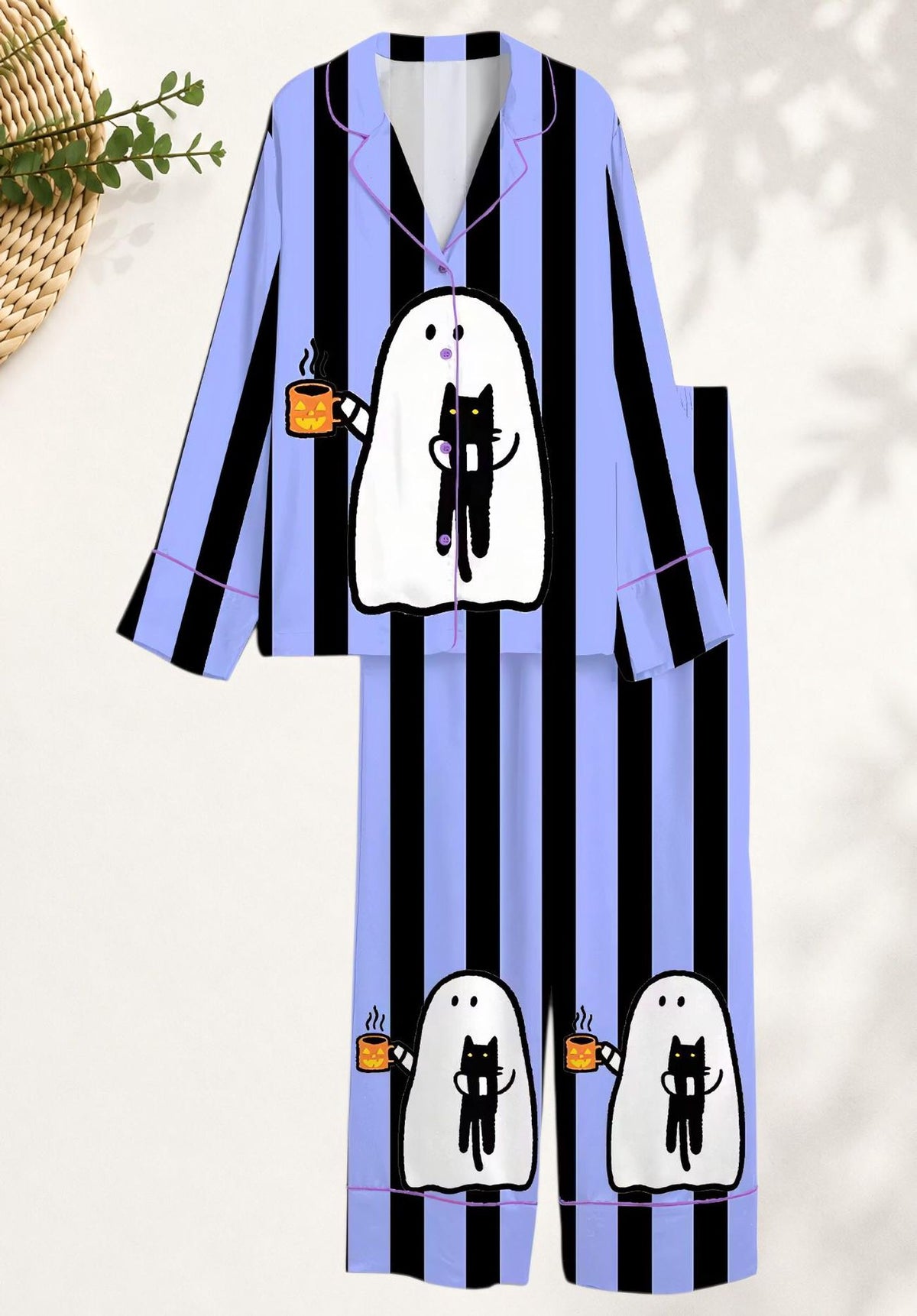 Women s Halloween Black Cat Ghost Satin Pajama Set - Cute Spooky Sleepwear for Cozy Fall Lounging