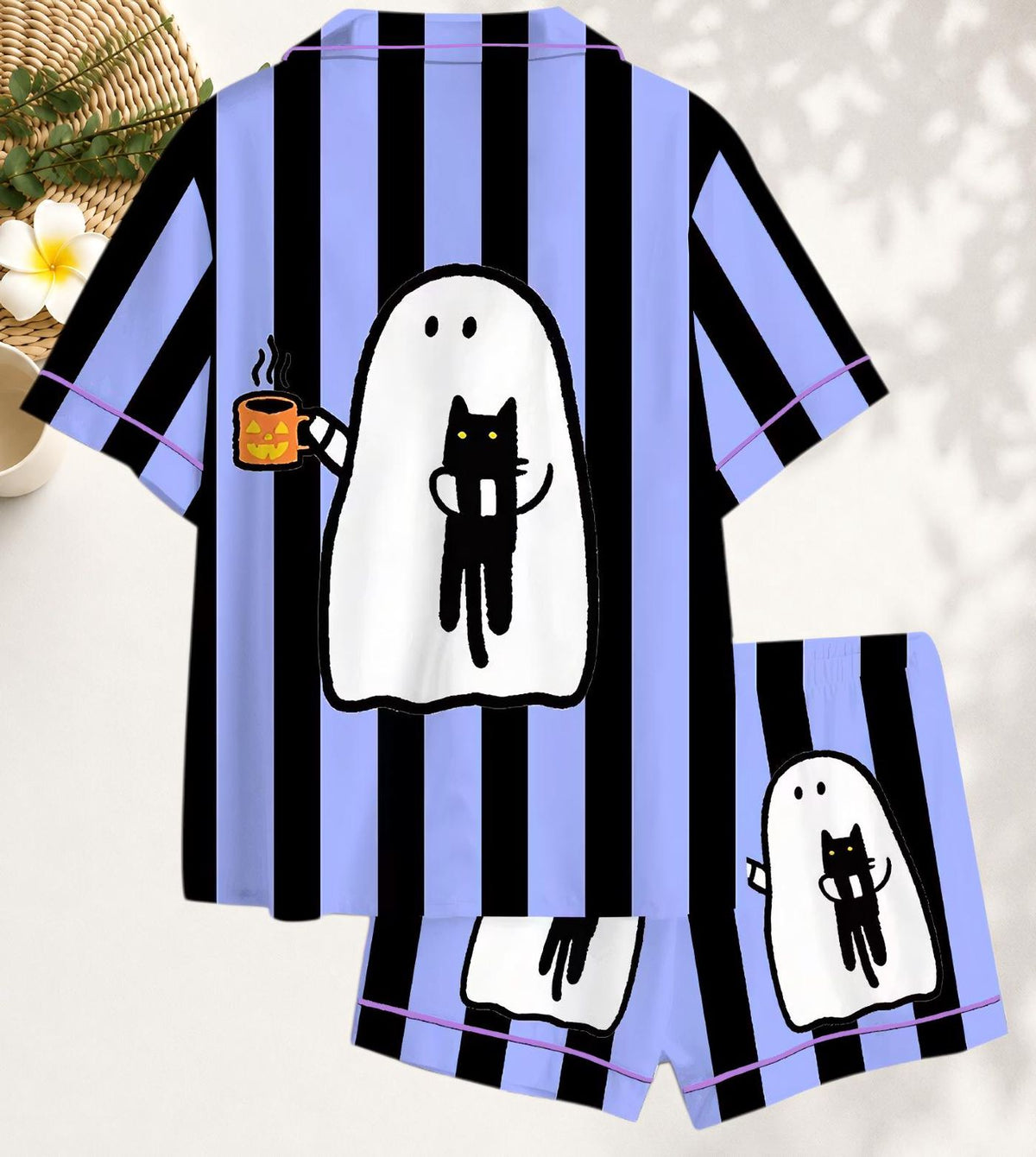 Women s Halloween Black Cat Ghost Satin Pajama Set - Cute Spooky Sleepwear for Cozy Fall Lounging