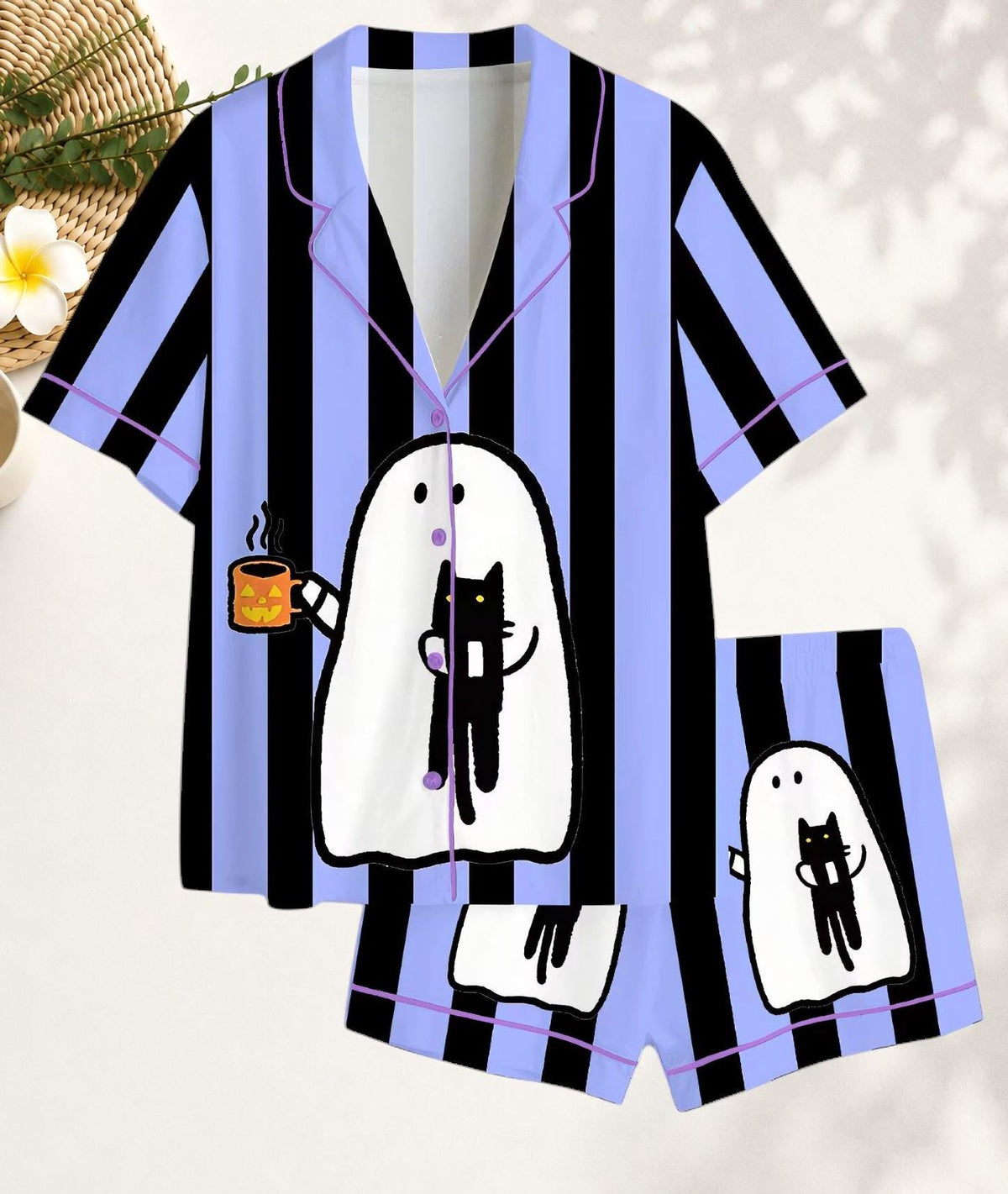 Women s Halloween Black Cat Ghost Satin Pajama Set Cozy Fall Sleepwear with Cute Spooky Print Short & Long Sleeve Loungewear