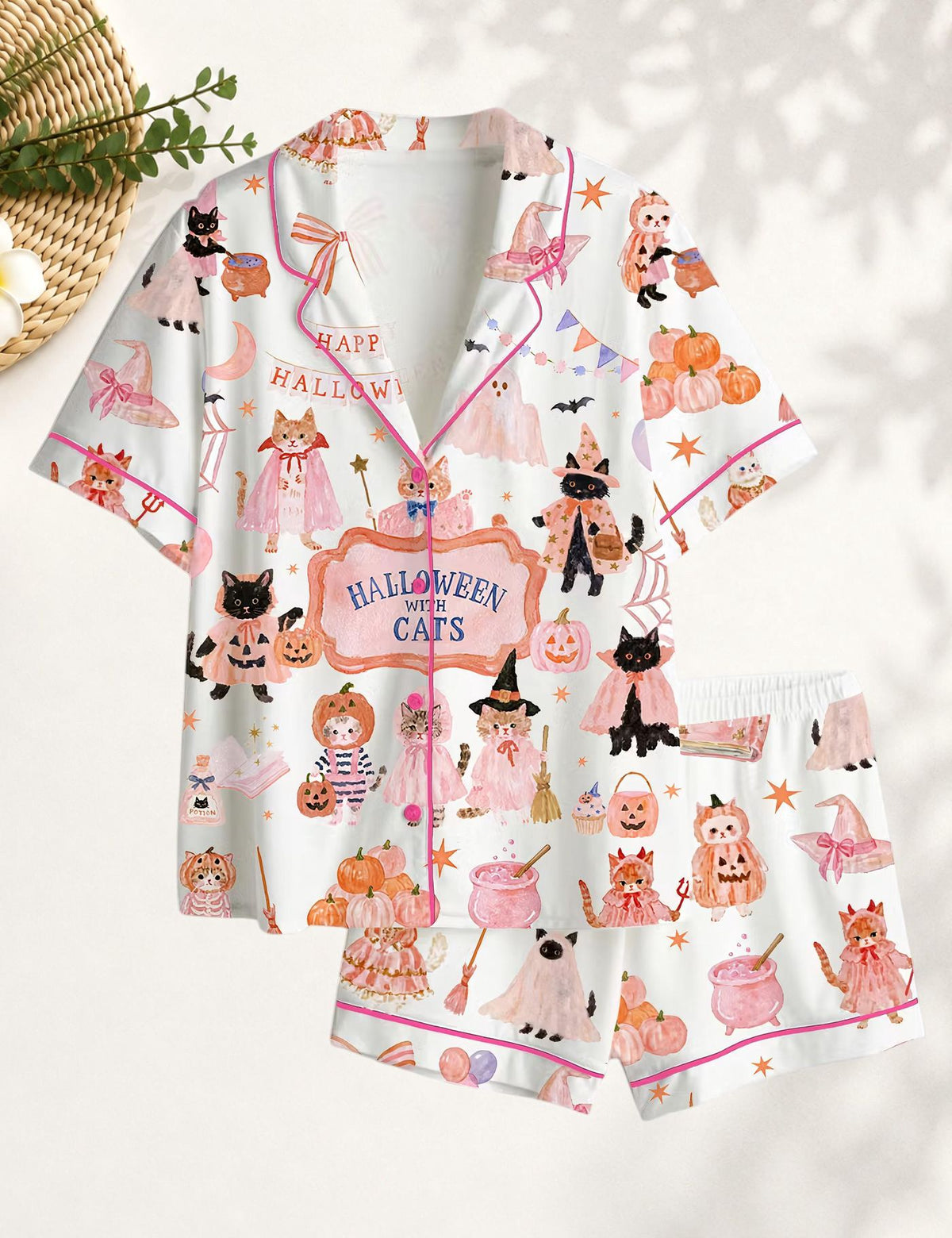 Spooky Halloween Satin Pajama Set with Pumpkin Print Women s Witch Cat Ghost Sleepwear - Cute Fall Loungewear