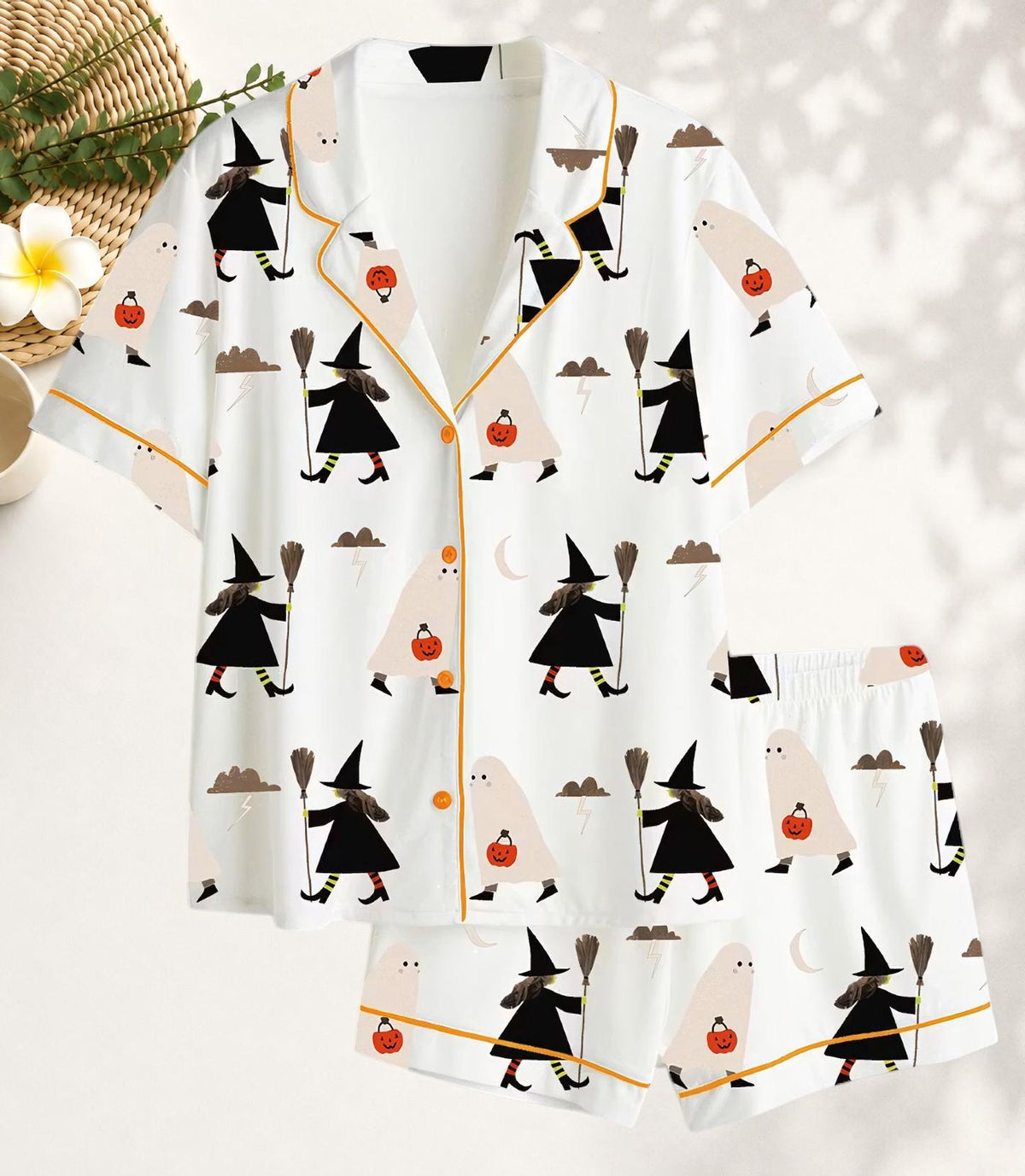 Women’s Halloween Witch Ghost Satin Pajama Set, Cute Broom - Pumpkin Print Short & Long Sleeve Sleepwear, Spooky Fall Loungewear