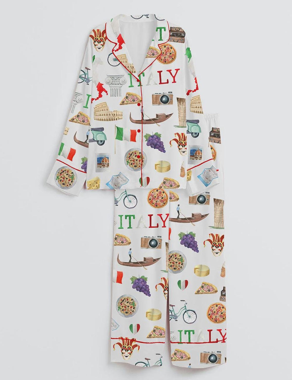 Women s Italy Roma Travel Long Sleeve Satin Pajama Set European Vacation Print Silky PJs