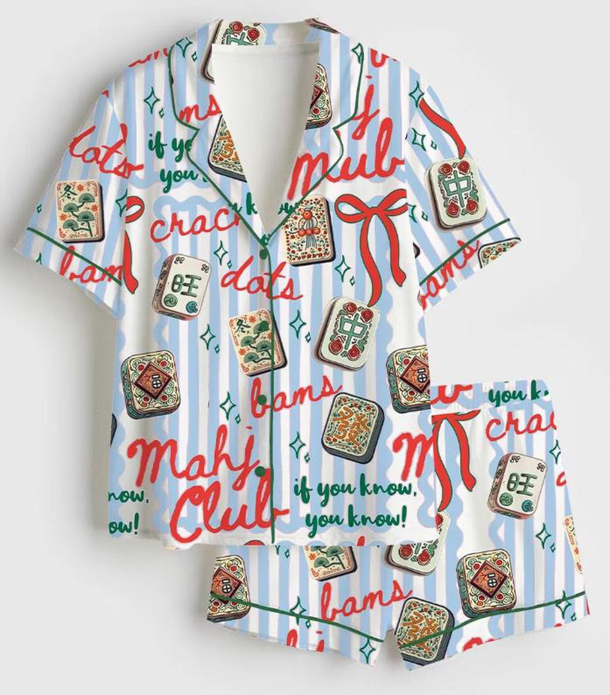 Women s Mahjong Silk Pajama Set: Cracks Dots Bams Tile Print Short Sleeve Button Down Sleepwear - Perfect Mahjong Lover Gift!