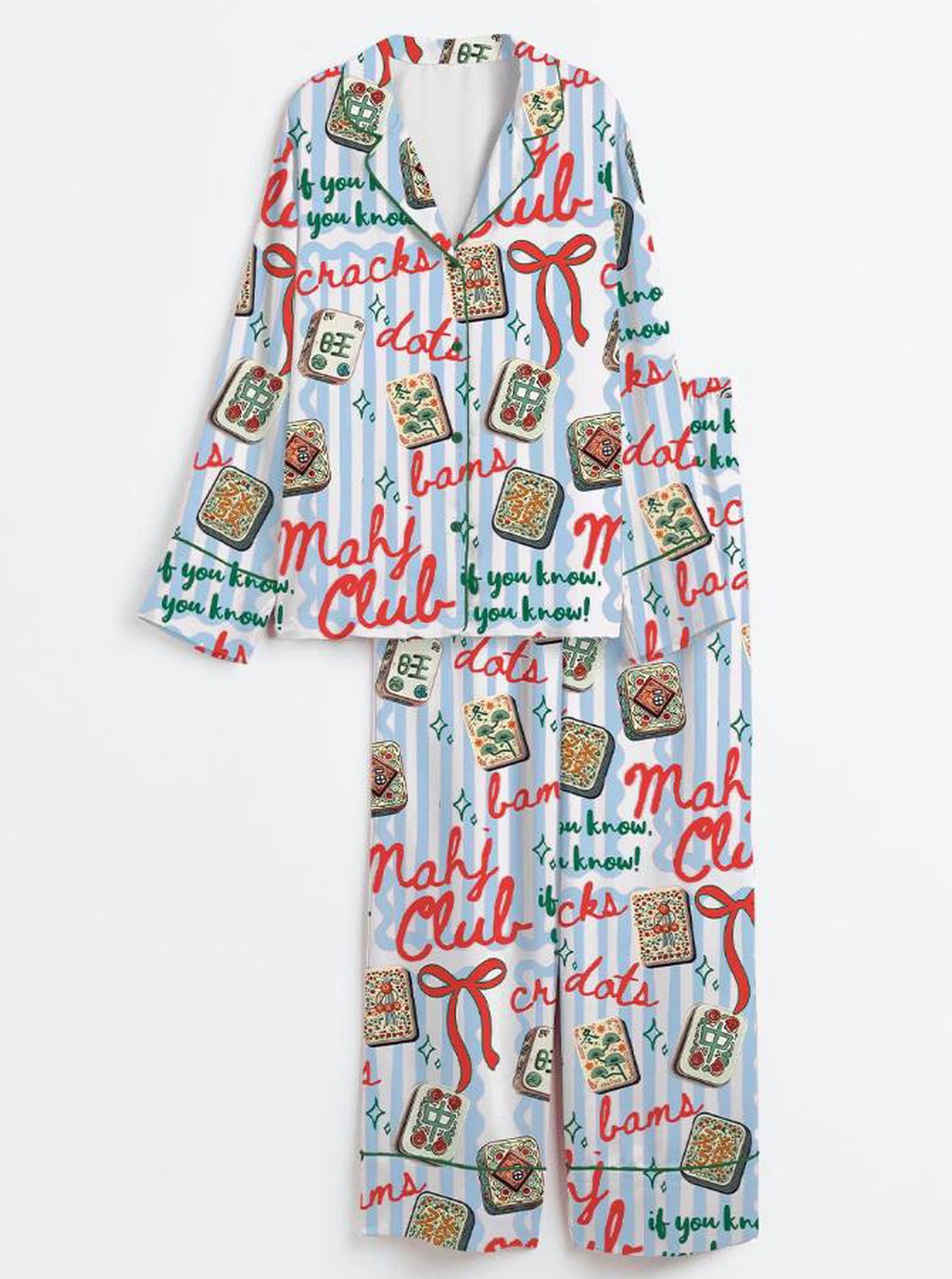 Women s Mahjong Satin Pajama Set Cracks Dots Bams Tile Print Sleepwear Mahjong Lover Gift