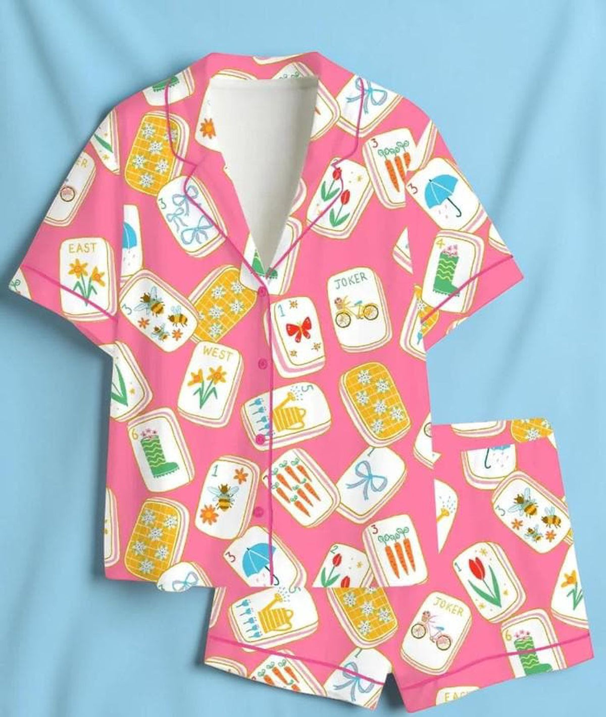 Women s Mahjong Satin Pajama Set: Cute Game Tile Print Sleepwear for Mahjong Lovers