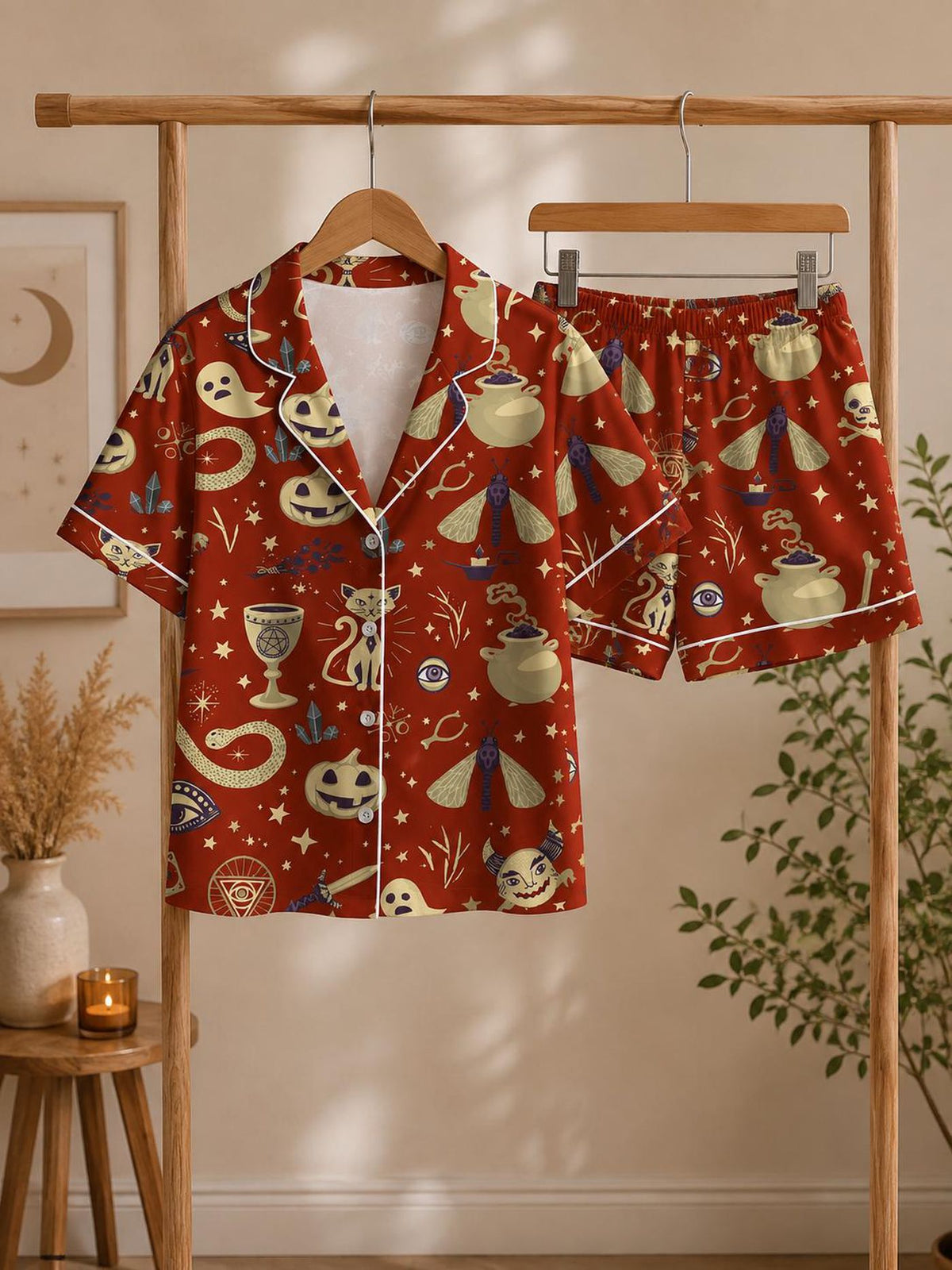 Women’s Mystical Magic Satin Pajama Set, Potions Snake Mushroom Moon Print Short & Long Sleeve Sleepwear, Enchanted Alchemy Gift