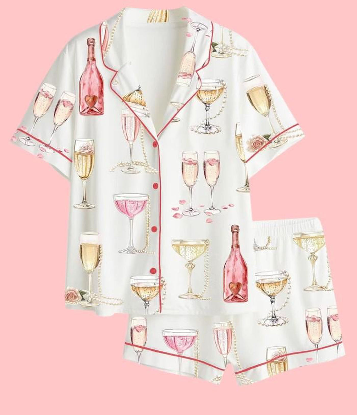 Women s Pearls Prosecco Satin Pajama Set - Bridal Shower Sleepwear with Champagne Print Bachelorette Party Gift