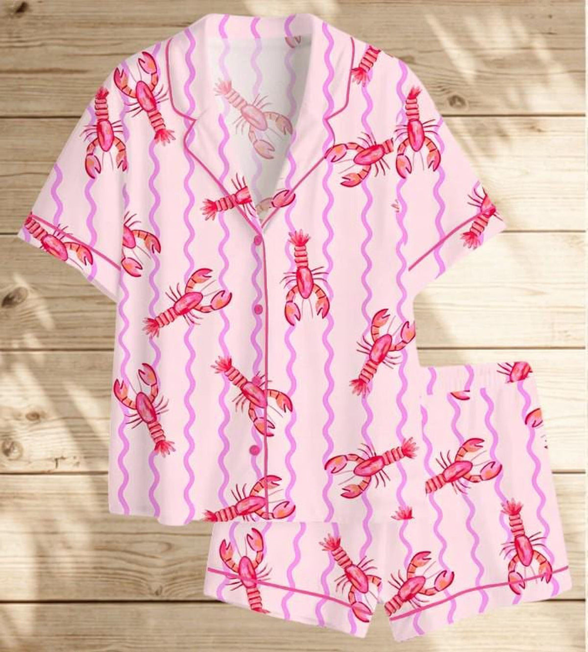 Women s Pink Lobster Satin Pajama Set - Preppy Coastal Sleepwear Set Cute Summer Lounge Set Gift for Her