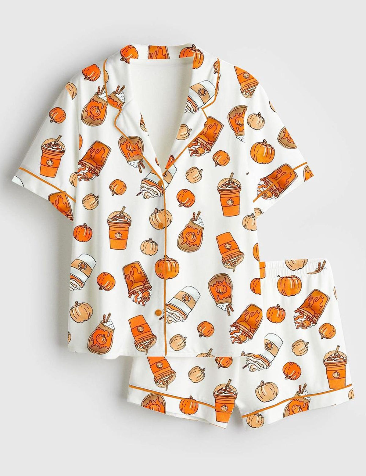 Women’s Pumpkin Spice Halloween Fall Fashion Short Sleeve Satin Pajama Set, Halloween Party Nightwear, Cozy Sleepwear with Cute Pumpkin
