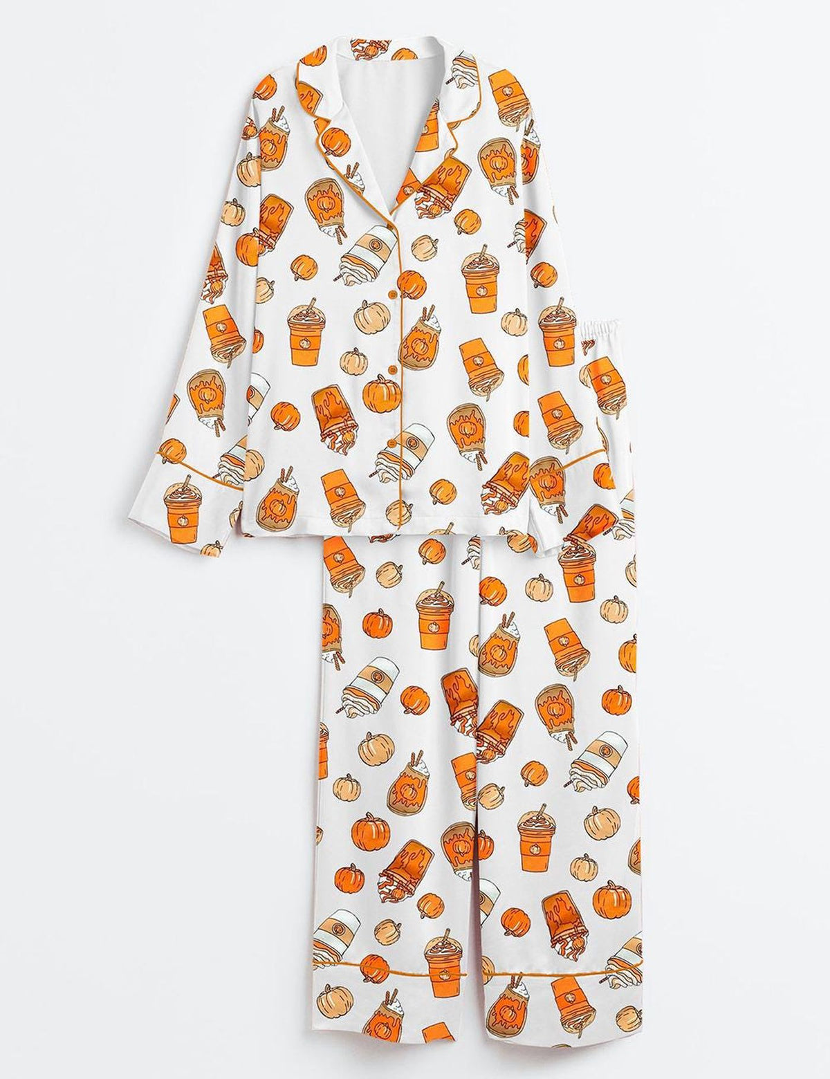 Women’s Pumpkin Spice Halloween Fall Fashion Short Sleeve Satin Pajama Set, Halloween Party Nightwear, Cozy Sleepwear with Cute Pumpkin