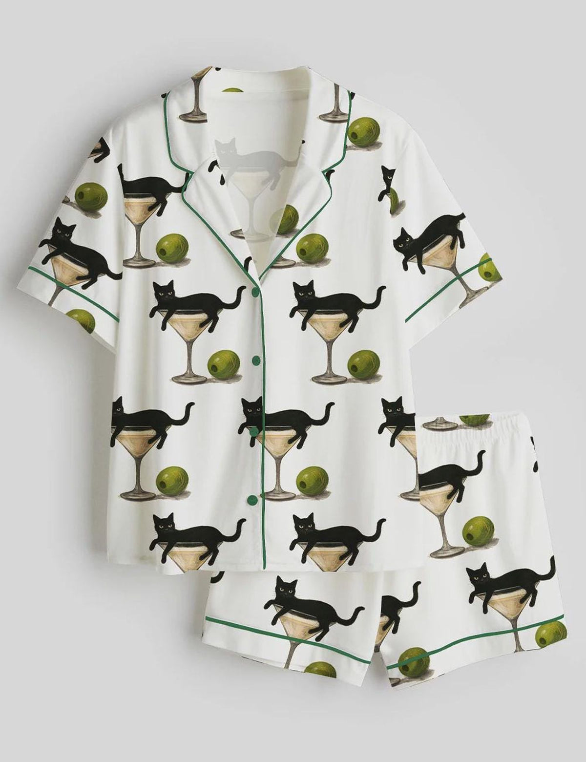 Black Cat Martini Cocktail Print Women s Satin Pajama Set Long Sleeve Button Up Sleepwear Cute PJs