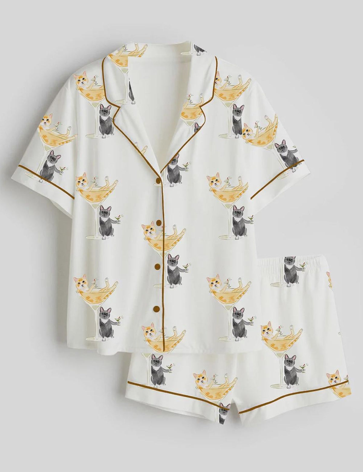 Cat Martini Print Women s Satin Pajama Set - Pet Drawing Sleepwear Short Sleeve PJs