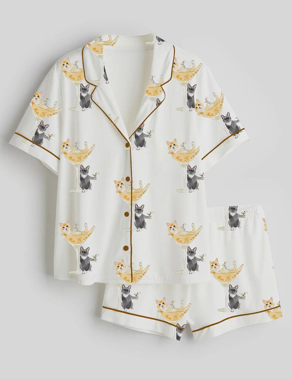 Women s Satin Cat Martini Cocktail Print Pajama Set Pet Drawing Sleepwear Short Sleeve PJs