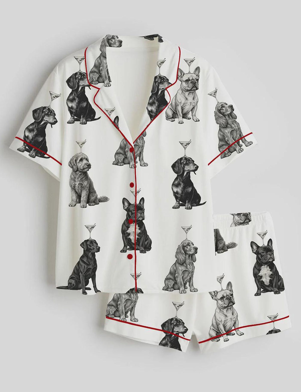 Women s Satin Martini Dog Print Pajama Set - Dachshund French Bulldog Labrador Short Sleeve PJs