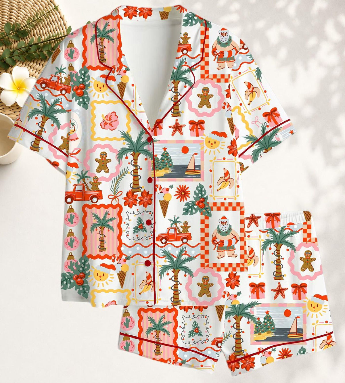 Festive Palm Tree Women s Christmas Satin Pajama Set: Short & Long Sleeve Sleepwear