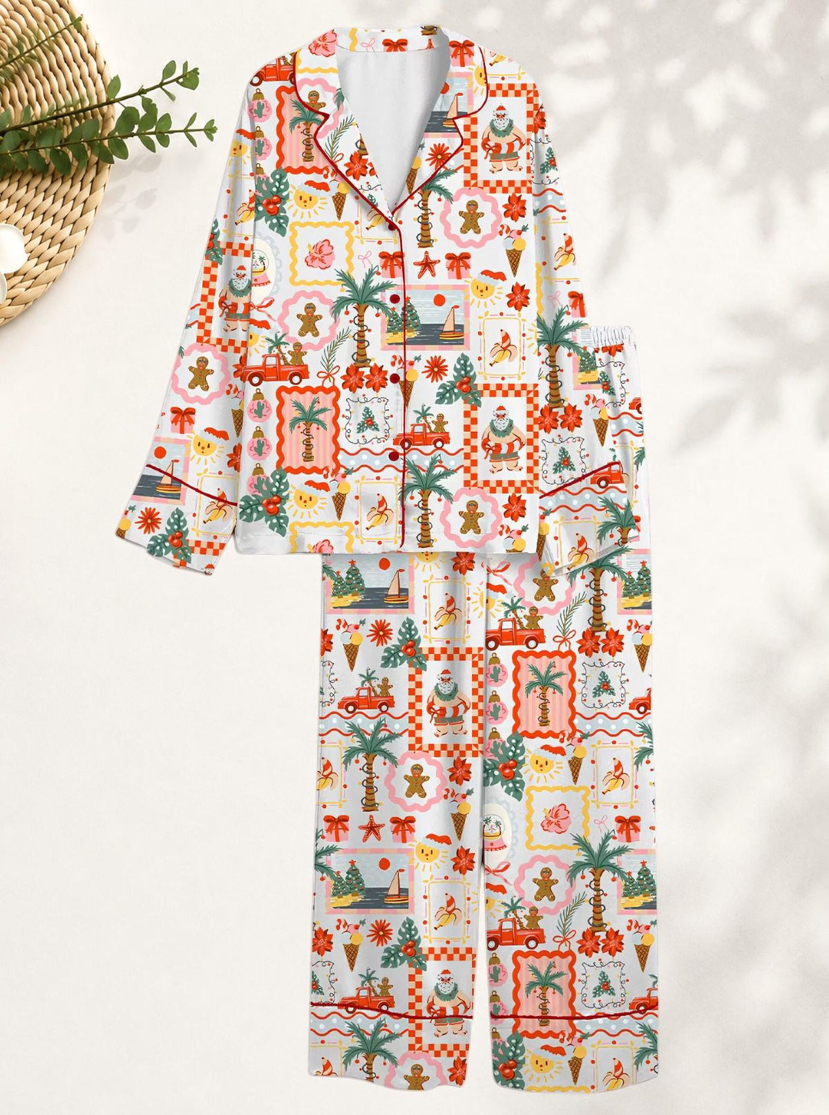 Festive Palm Tree Women s Christmas Satin Pajama Set: Short & Long Sleeve Sleepwear