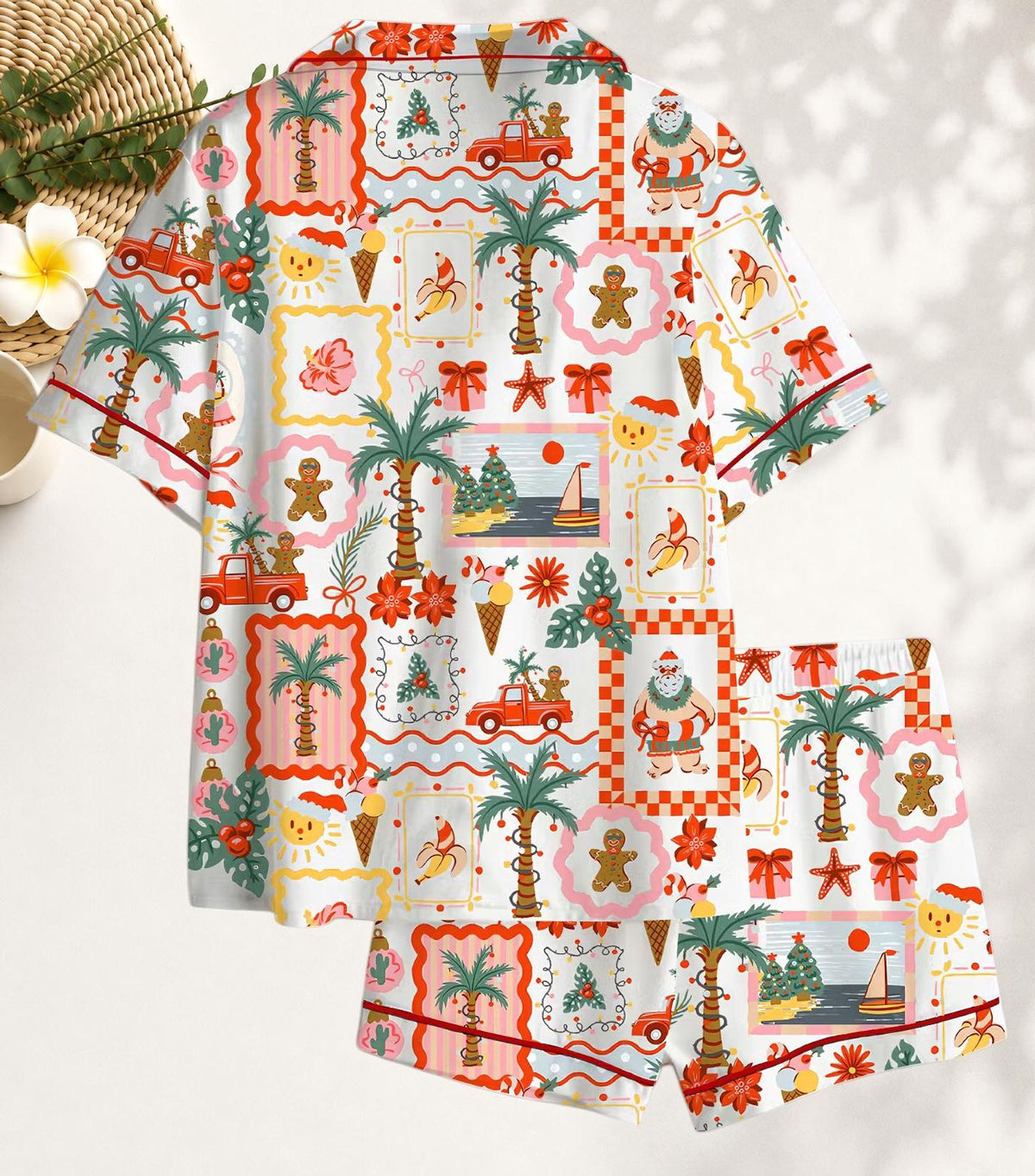 Festive Palm Tree Women s Christmas Satin Pajama Set: Short & Long Sleeve Sleepwear