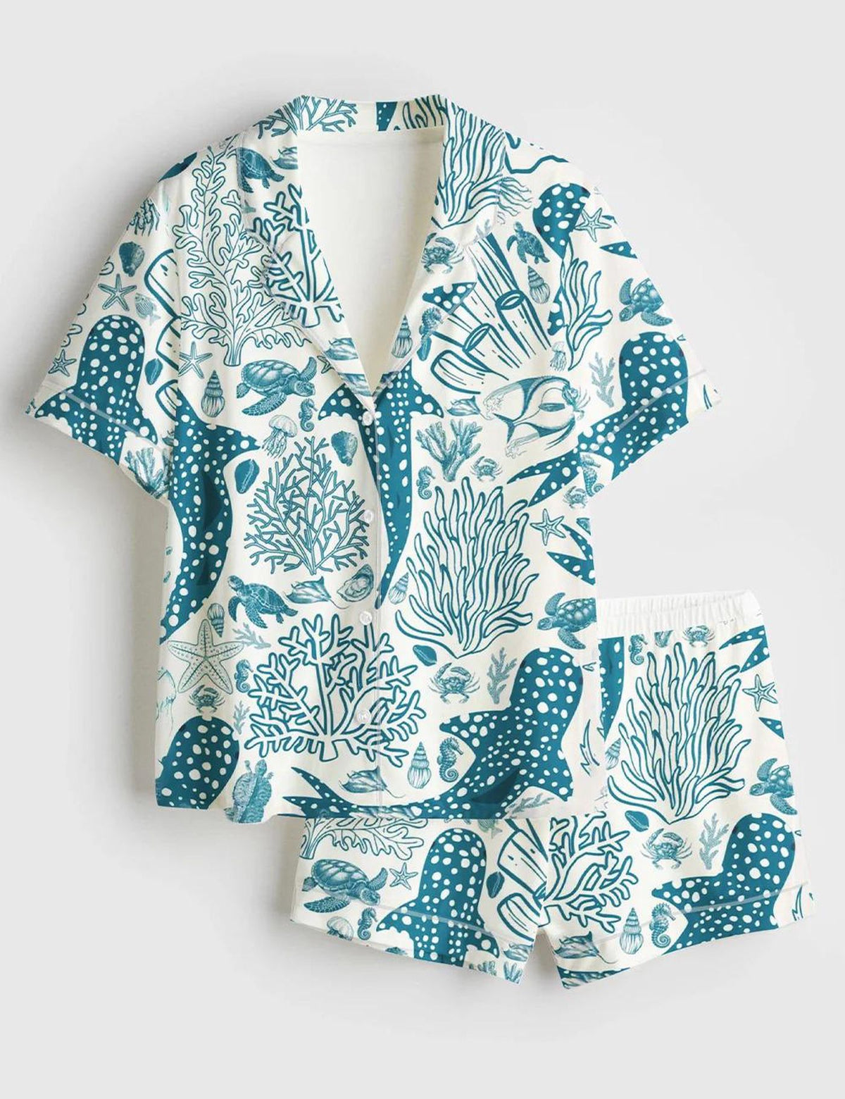 Whale Shark Satin Pajama Set: Coral Reef Ocean Print Long Sleeve PJs for Beach Vibes Sleepwear