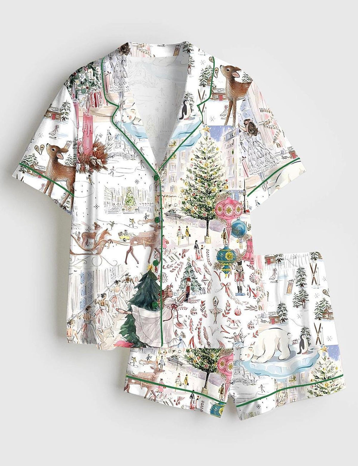 Women’s White Christmas Ballet Christmas Tree Elk Short Sleeve Satin Pajama Set, Pajama Nightwear Hot, Pajama Nightwear, Set for Her Women