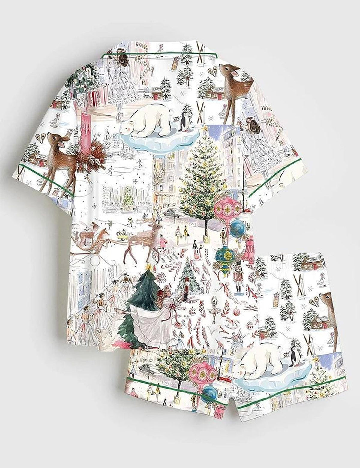 Women’s White Christmas Ballet Christmas Tree Elk Short Sleeve Satin Pajama Set, Pajama Nightwear Hot, Pajama Nightwear, Set for Her Women