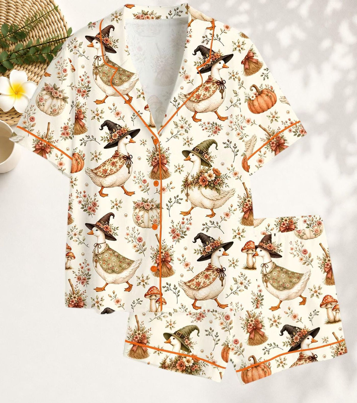 Witch Goose Halloween Satin Pajama Set Cottagecore Floral Sleepwear
