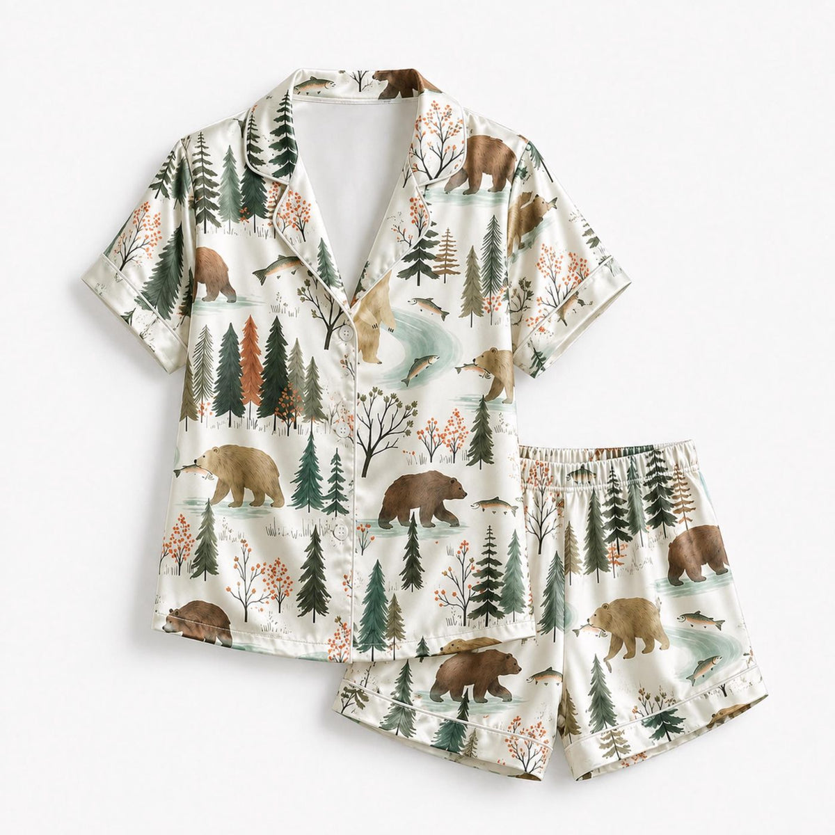 Woodland Bear Satin Pajama Set: Cozy Sleepwear with Pine Trees & Rustic Nature Pattern