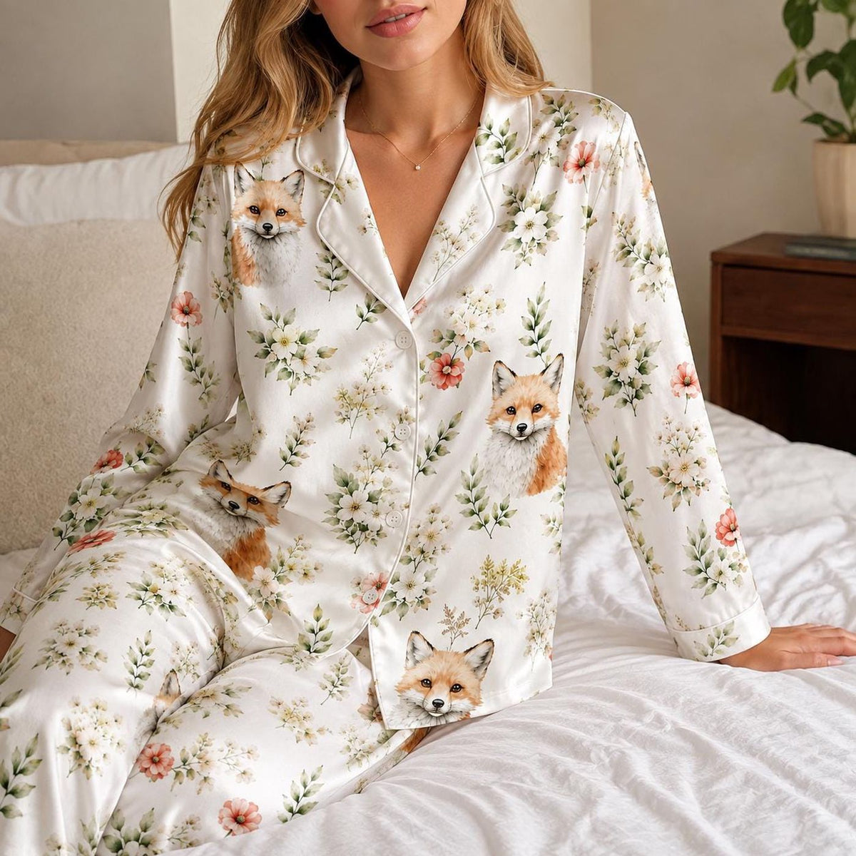 Woodland Fox Satin Pajama Set Cozy Sleepwear Wildflowers Greenery Botanical