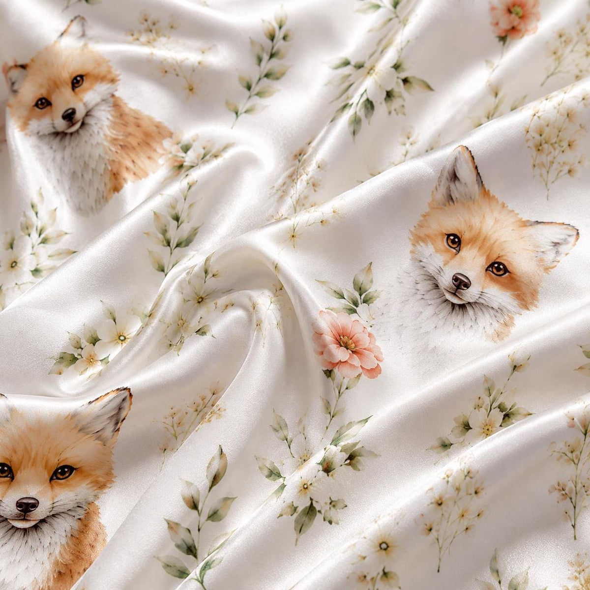 Woodland Fox Satin Pajama Set Cozy Sleepwear Wildflowers Greenery Botanical