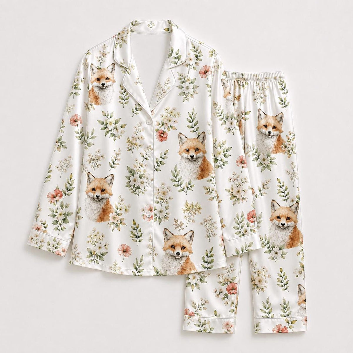 Woodland Fox Satin Pajama Set Cozy Sleepwear Wildflowers Greenery Botanical