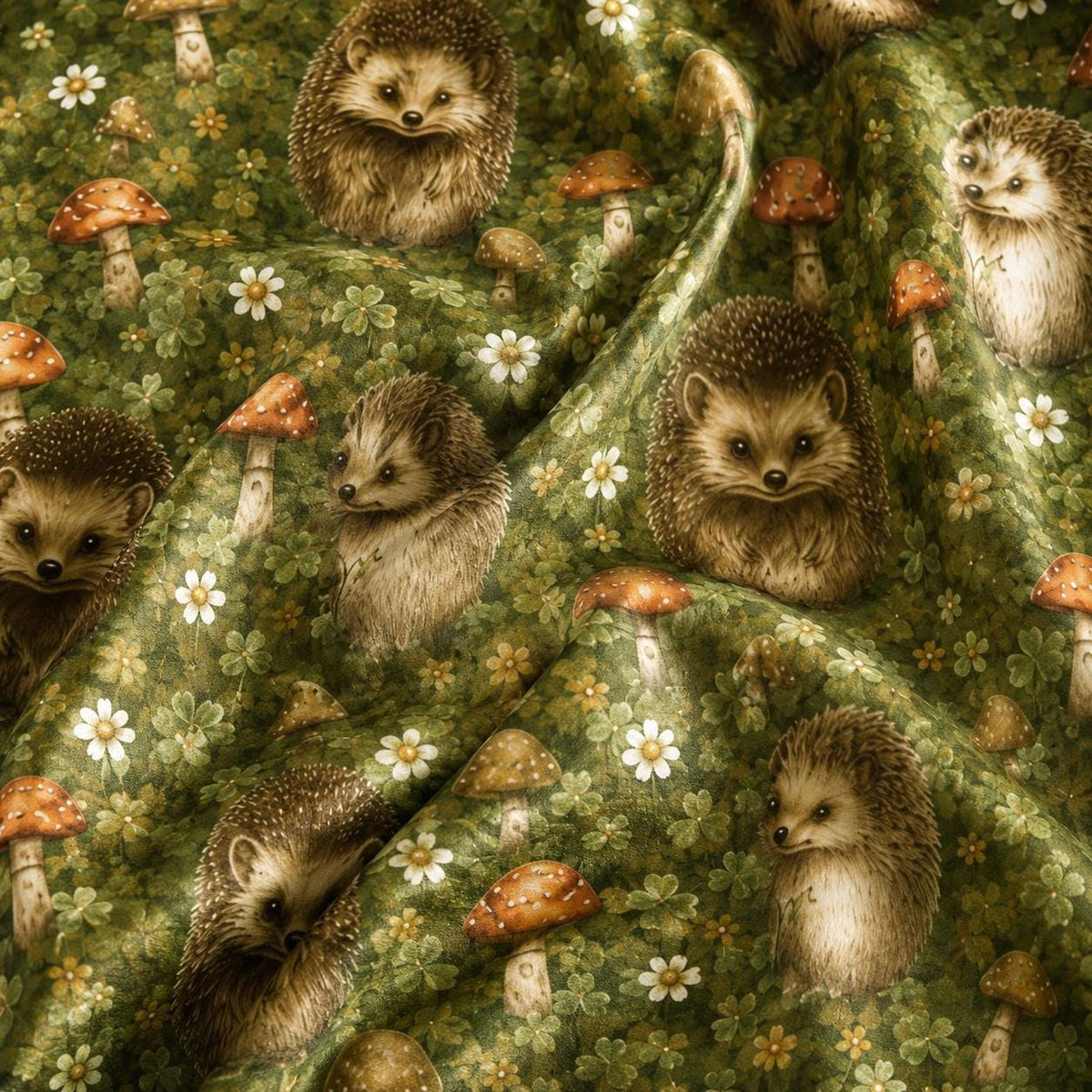 Enchanted Forest Hedgehog Satin Pajama Set Cozy Sleepwear with Mushrooms & Wildflowers