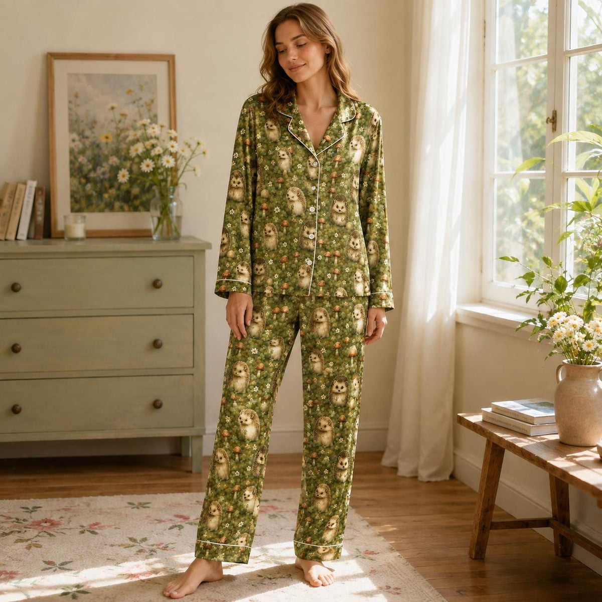 Woodland Hedgehog Satin Pajama Set Enchanted Forest Garden Pattern