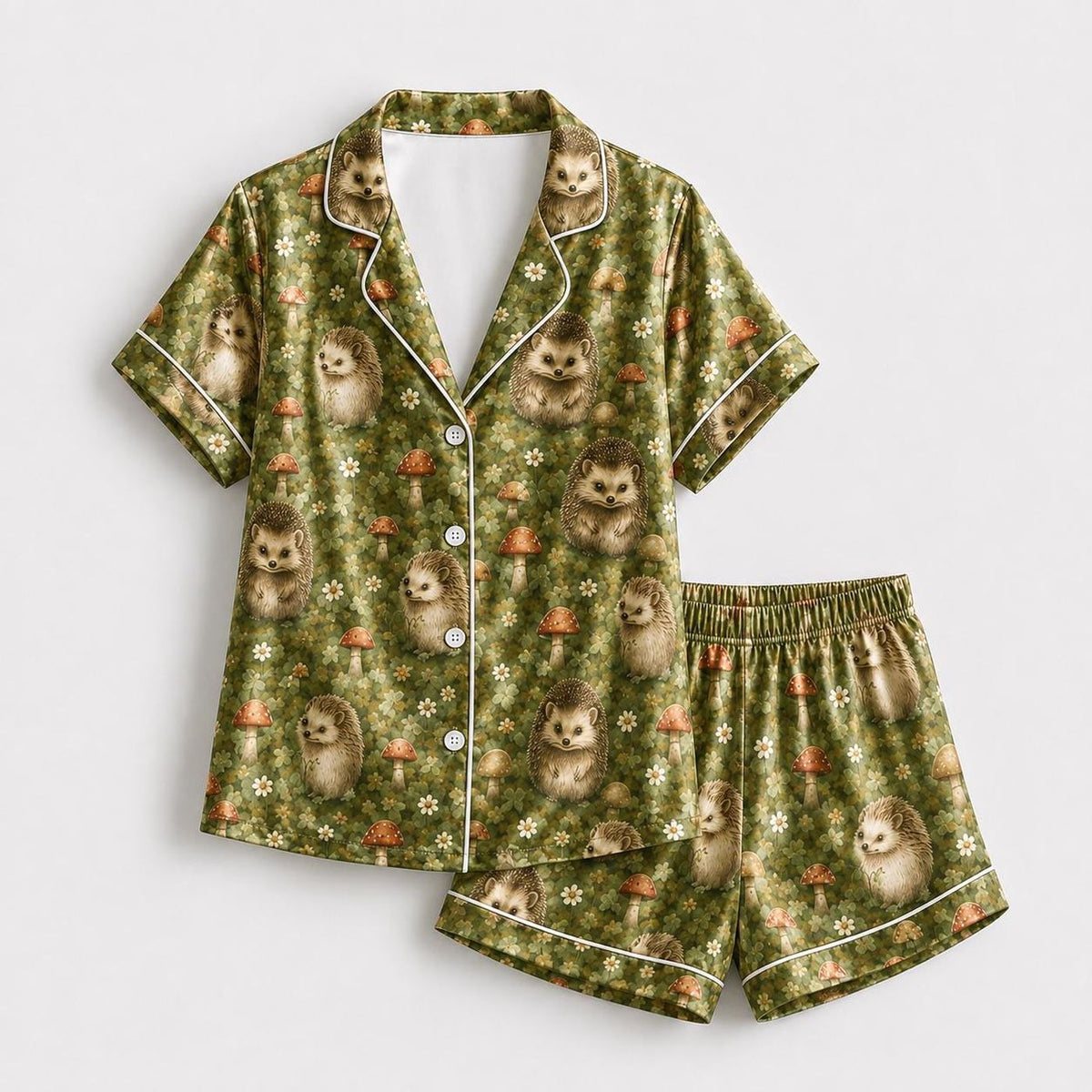 Woodland Hedgehog Satin Pajama Set Enchanted Forest Garden Pattern