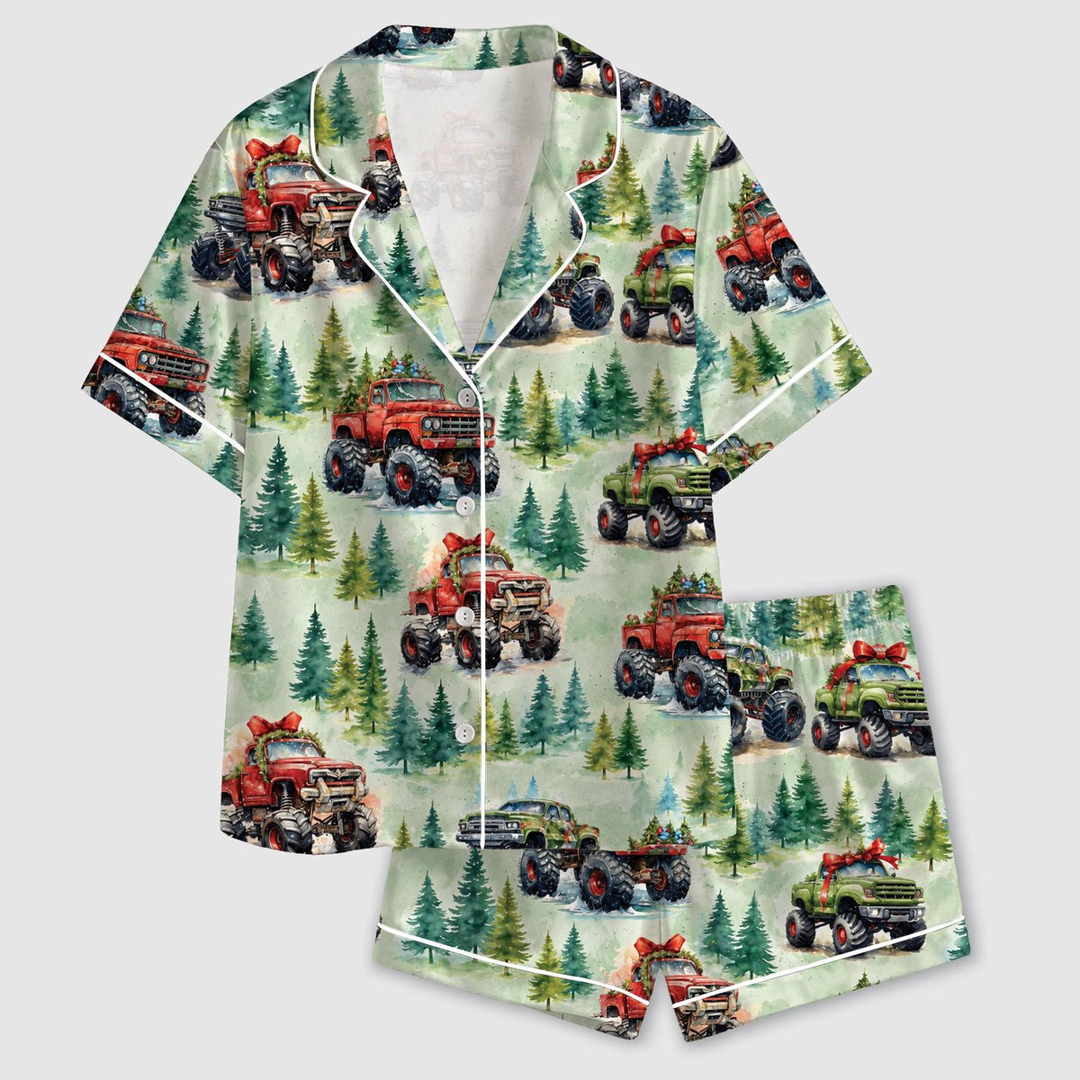 Vintage Trucks & Pine Trees Woodland Off Road Satin Pajama Set for Cozy Sleepwear