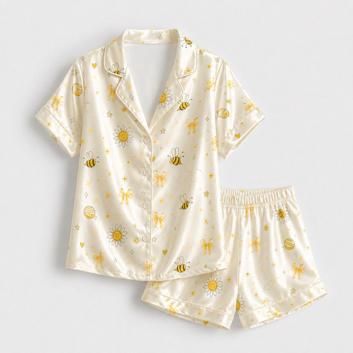 Yellow Honey Bee Satin Sleepwear with Daisy Bow Print - Cute Kawaii Pajamas