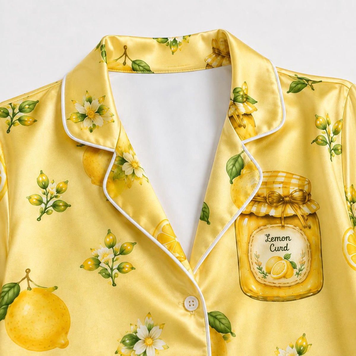 Yellow Lemon Satin Pajama Set with Citrus Preserve Jars - Floral Pattern Sleepwear