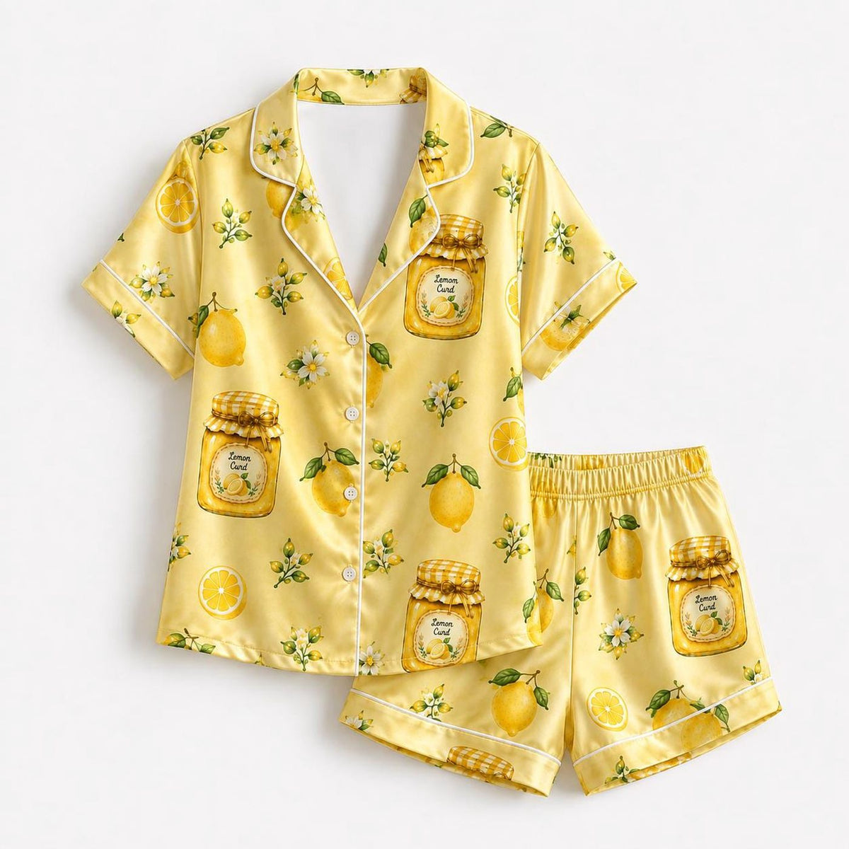 Yellow Lemon Satin Pajama Set with Citrus Preserve Jars - Floral Pattern Sleepwear