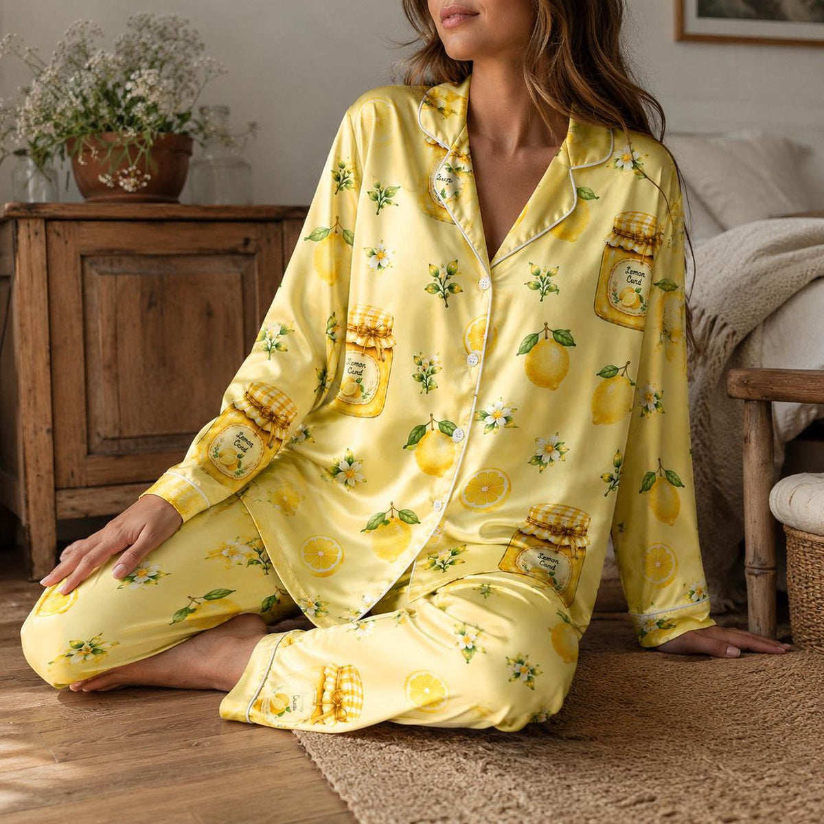 Yellow Lemon Satin Pajama Set with Citrus Preserve Jars - Floral Pattern Sleepwear