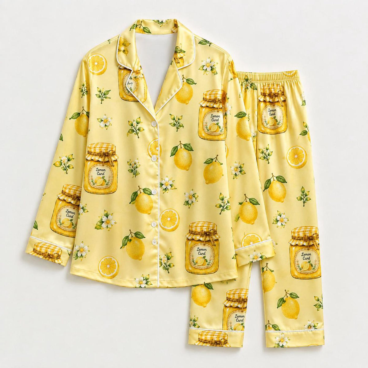Yellow Lemon Satin Pajama Set with Citrus Preserve Jars - Floral Pattern Sleepwear