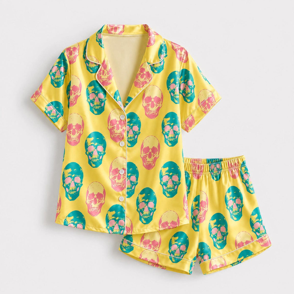 Yellow Pop Art Skull Satin Pajamas - Colorful Retro Punk Sleepwear Pjs
