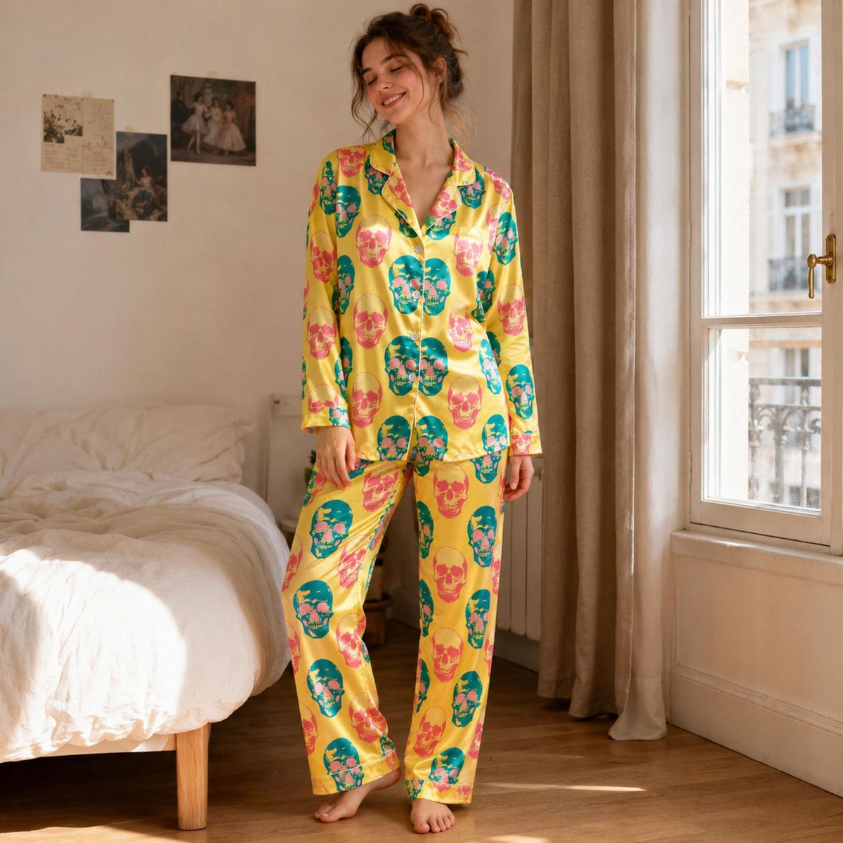 Yellow Pop Art Skull Satin Pajamas - Colorful Retro Punk Sleepwear Pjs