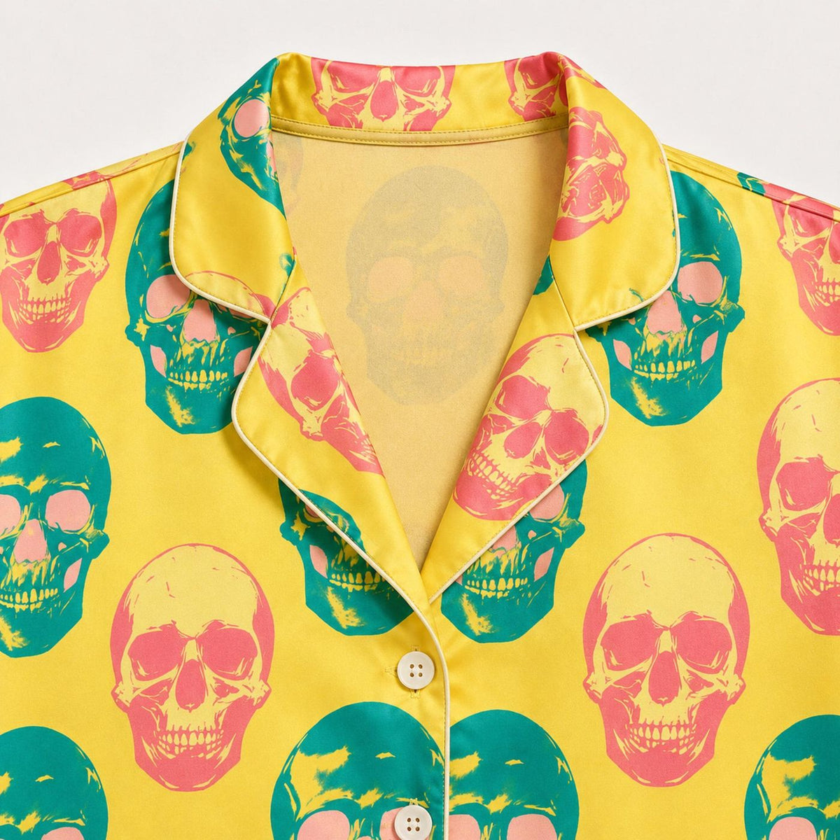 Yellow Pop Art Skull Satin Pajamas - Colorful Retro Punk Sleepwear Pjs