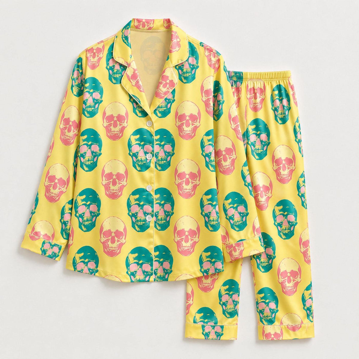Yellow Pop Art Skull Satin Pajamas - Colorful Retro Punk Sleepwear Pjs